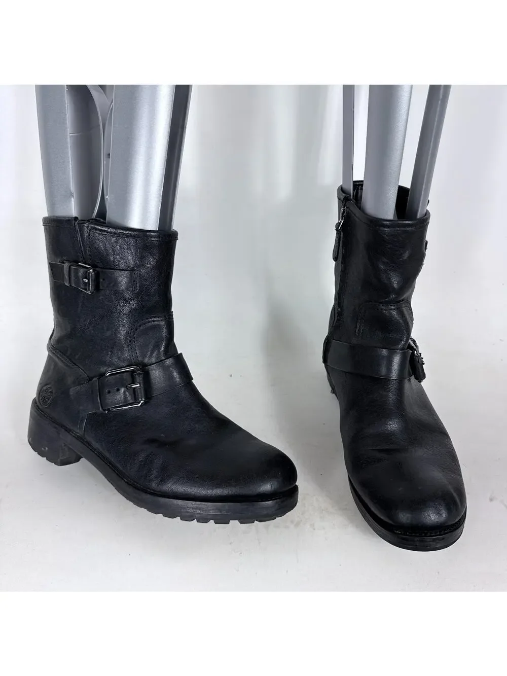 Tory Burch Chrystie Combat Boot Women's 8.5 Black Leather Side Zip Mid-Calf